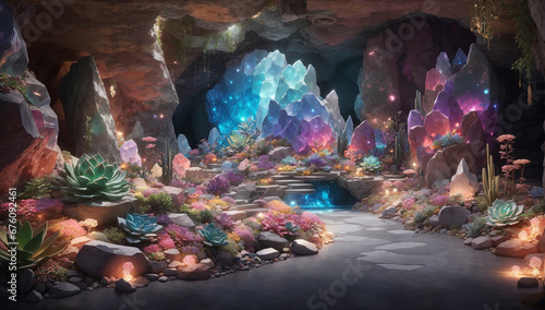 An intriguing image of a cave illuminated by an array of captivating light colors - AI Generative