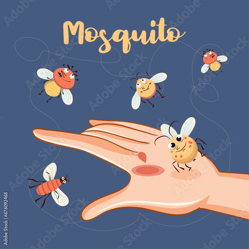 Vector illustration of mosquitoes biting a person, cartoon flat. 