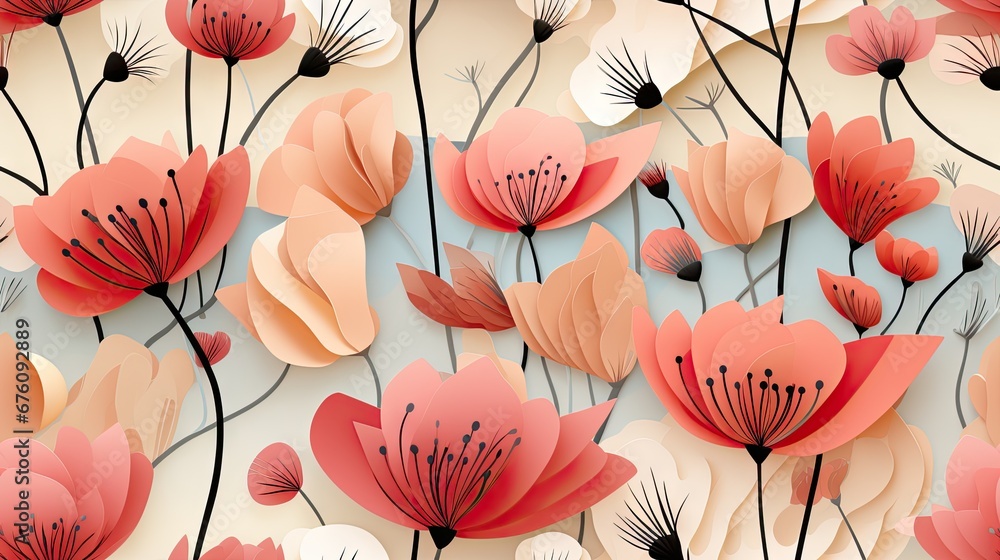  a bunch of red and pink flowers on a white background with black stems and long, thin, thin stems.  generative ai - obrazy, fototapety, plakaty 