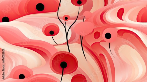  a painting of red and white flowers with black dots on the petals and a black dot in the middle of the petals.  generative ai