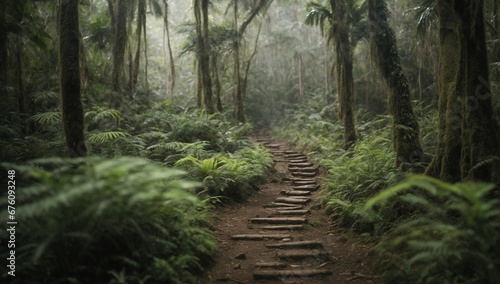 Ancient stone pathway leading deeper into the mysterious jungle - AI Generative photo