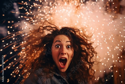 Schockierte Frau über Raketen und Böller zu Silvester in ihrer Nähe. Explosion von Feuerwerk im Hintergrund zum neuen Jahr.  photo