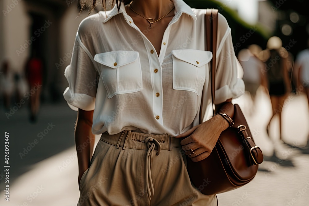 A woman in a white blouse and beige pants, carrying a brown leather bag, walking down the street