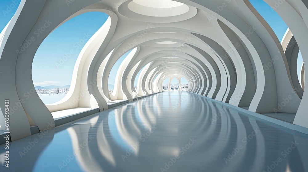 Fototapeta premium Futuristic white corridor with arches reflecting on glossy floor, minimalist sphere centered in a tranquil, spacious interior design.