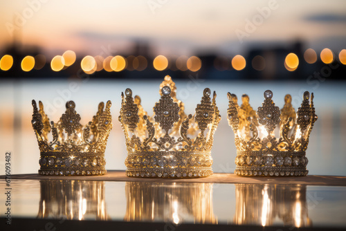 Photo Three gold shiny crowns on festive background