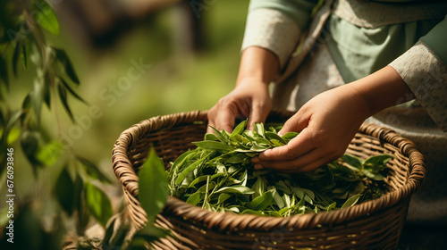 Woman collecting tea leaves into basket. Generative AI