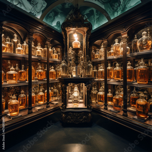 italian baroque, elegant, vintage niche perfume shop, bazar, 1000 perfume bottles, wooden shelf, perspective, dimmed light, plants, glass photo