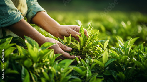 A close-up of a woman carefully collects the top leaves of tea. Generative AI