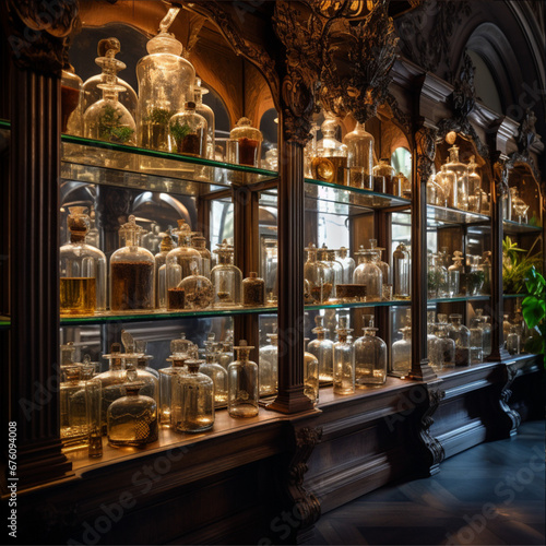 italian baroque, elegant, vintage niche perfume shop, bazar, 1000 perfume bottles, wooden shelf, perspective, dimmed light, plants, glass photo