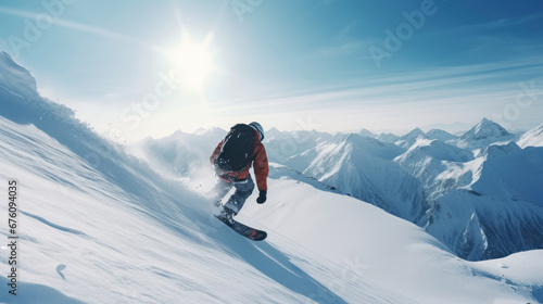 Advertising portrait, banner, man doing freeride in alpine snowy mountains on snowboard. Sunny winter day