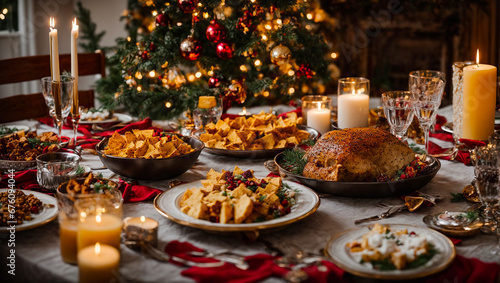 Holiday table with different Christmas snacks