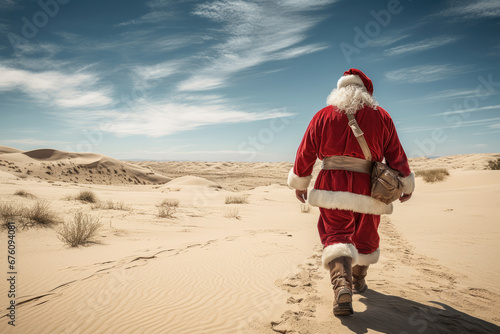 Back view of Santa Claus walking alone in the desert. AI generative art