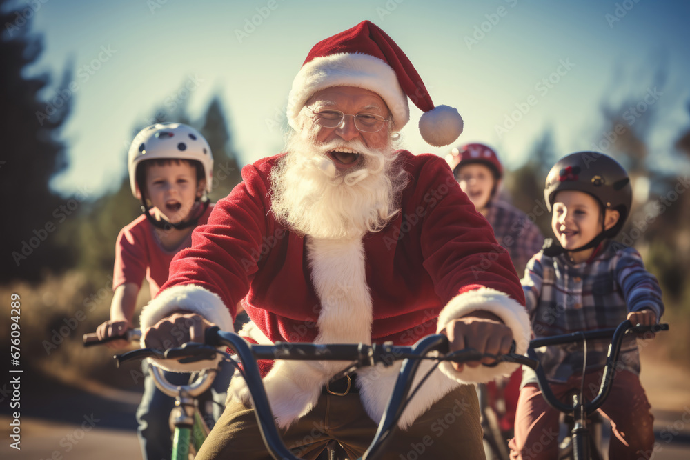 Santa Claus riding bicycle with kids. AI generative art