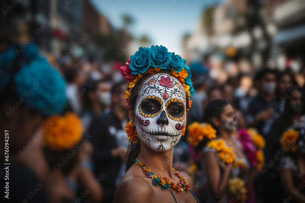 Woman with Dia de los Muertos makeup, adorned with a floral crown, in a crowd.