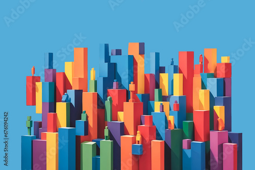 Stylized 3D cityscape with colorful buildings and miniature figures on rooftops against a blue sky.