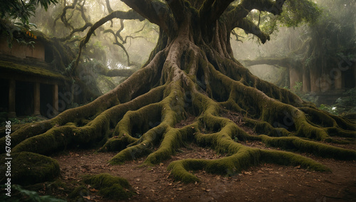 Ancient tree with gnarled roots and a thick trunk in the jungle - AI Generative © Being Imaginative
