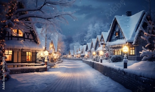 Snow-covered village with glowing Christmas lights. Winter wonderland of Xmas with festive ambiance and snow on houses
