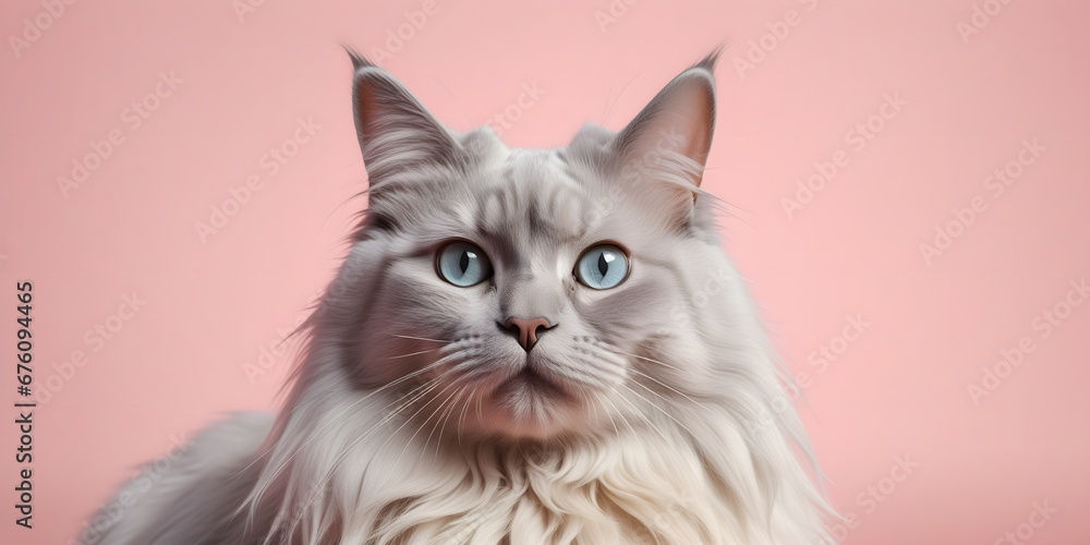 Nibelung Cat on a pastel background. Cat a solid uniform background, for your advertising and design with copy space. Creative animal concept. Looking towards camera.