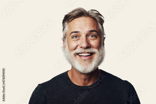 Joyful middle-aged man with salt and pepper beard, smiling on a white background.