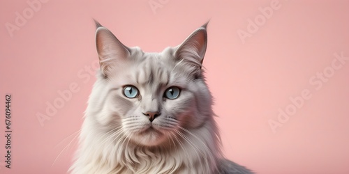 Nibelung Cat on a pastel background. Cat a solid uniform background, for your advertising and design with copy space. Creative animal concept. Looking towards camera. © 360VP