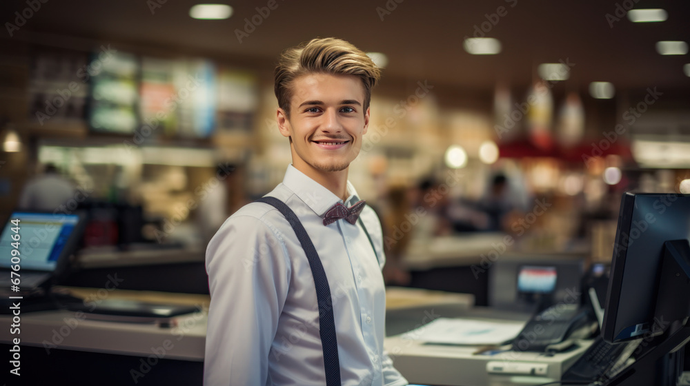 Fototapeta premium Young man cashier at supermarket.