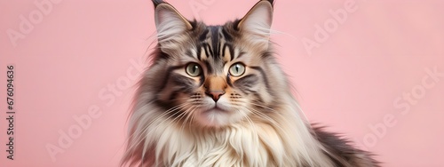 Norwegian Forest Cat on a pastel background. Cat a solid uniform background, for your advertising and design with copy space. Creative animal concept. Looking towards camera.