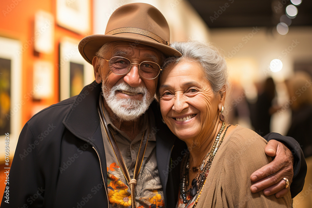 Portrait of a happy elderly couple at an exhibition of paintings in a gallery. Portrait of a happy elderly couple at an exhibition of paintings in a gallery.
