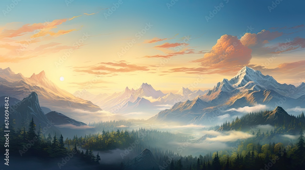  a painting of a mountain landscape with trees and clouds in the foreground and the sun setting in the background.  generative ai