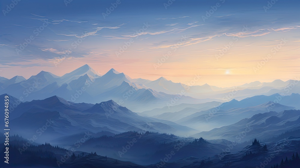  a painting of a mountain range with the sun setting in the distance and clouds in the sky over the mountains.  generative ai