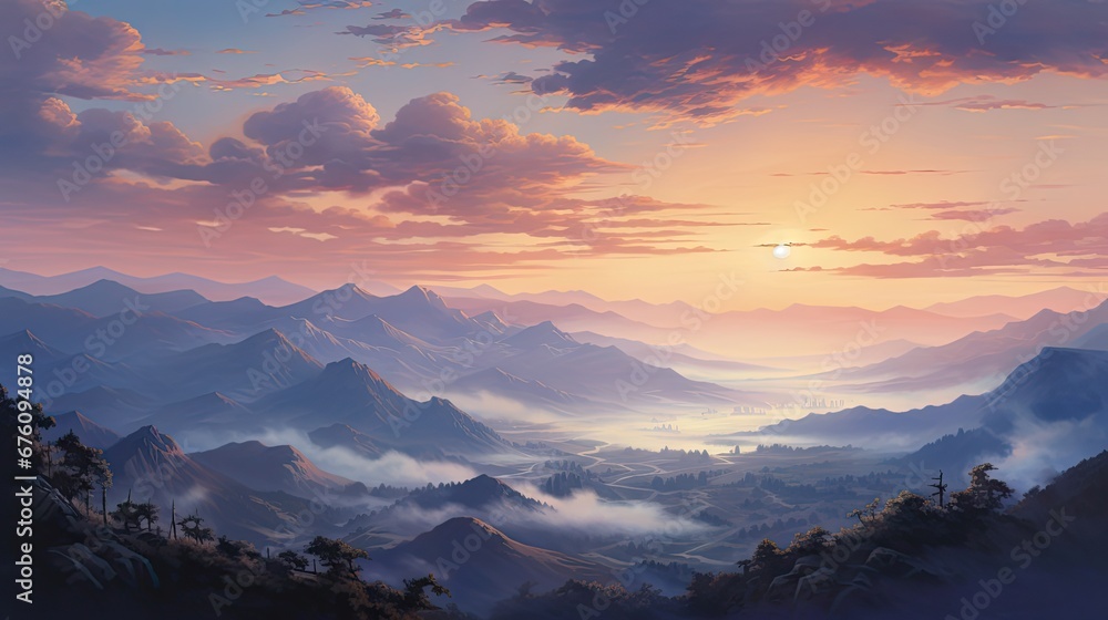 a painting of a sunset over a mountain range with a valley in the foreground and clouds in the background. generative ai a painting of a sunset over a mountain range with a valley in the foreground and clouds in the background. generative ai