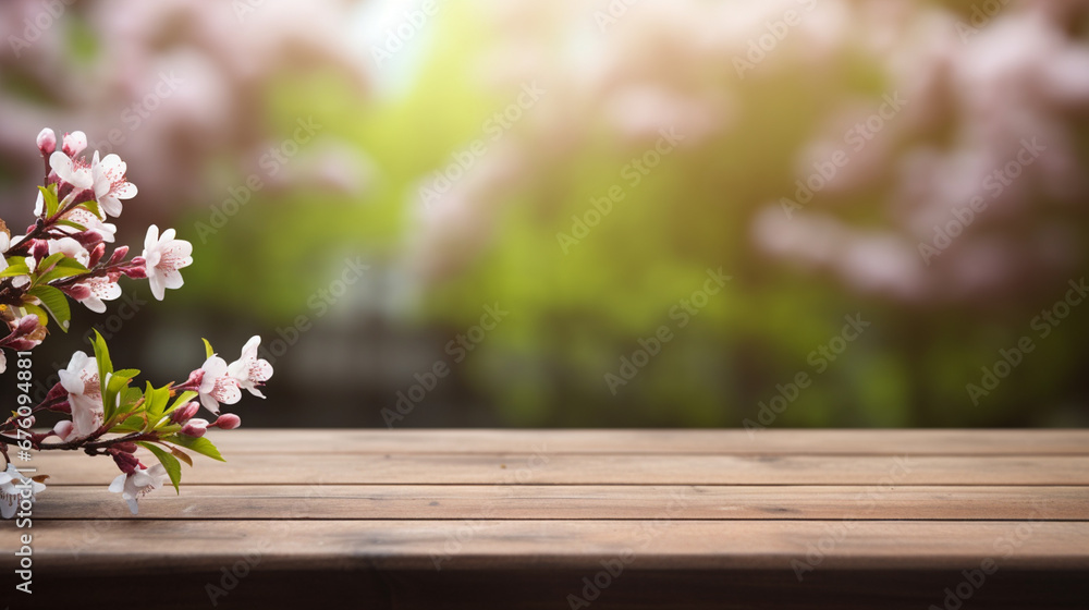 Empty wooden table with blurred spring background.Generative AI Empty wooden table with blurred spring background.Generative AI