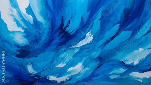 Abstract swirling blue and white painting resembling fluid motion or ocean waves with dynamic and flowing forms.