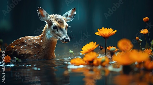  a deer standing in a body of water surrounded by wildflowers and daisies, with rain falling down on it. generative ai