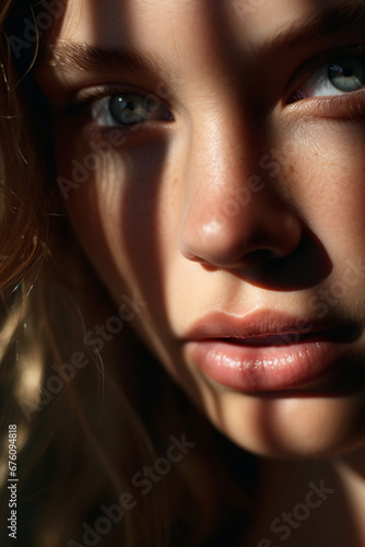 Extreme close up of a brunete with striking blue eyes and pouty lips.Face of beautiful caucasian woman. interplay of light and shadow. Dramatic composition. High quality photo