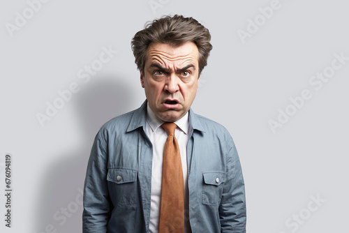 A middle-aged man making a confused and slightly frustrated expression, wearing a blue shirt, brown tie, and a raised eyebrow.