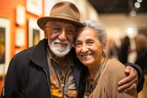 Portrait of a happy elderly couple at an exhibition of paintings in a gallery.