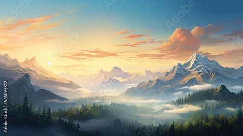  a painting of a mountain landscape with trees and clouds in the foreground and the sun setting in the background. generative ai