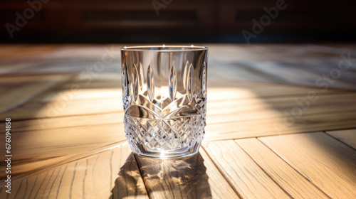 Lifestyle shot of iluminated with lsun expensive crystal glasson a wooden table. Play of light and shadow photo