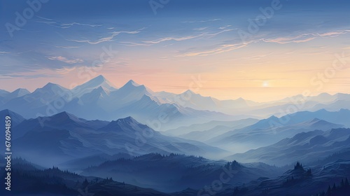  a painting of a mountain range with the sun setting in the distance and clouds in the sky over the mountains.  generative ai © Olga