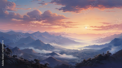  a painting of a sunset over a mountain range with a valley in the foreground and clouds in the background. generative ai