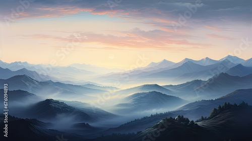  a painting of a mountain range with the sun setting in the distance and clouds in the sky over the mountains.  generative ai © Olga