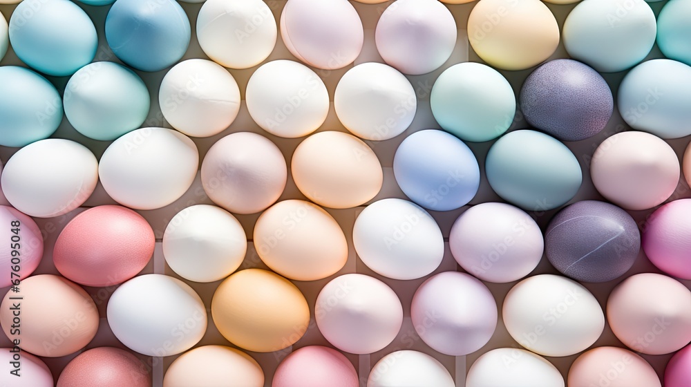 a group of pastel colored eggs sitting on top of each other on a white surface with one egg in the middle of the group. generative ai a group of pastel colored eggs sitting on top of each other on a white surface with one egg in the middle of the group. generative ai