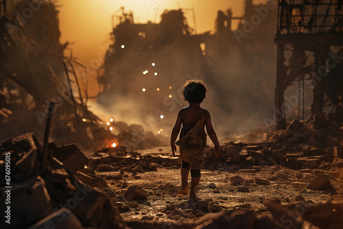 A dirty, unhappy child stands in a destroyed city after explosions.