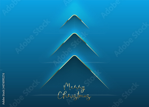 Blue minimal Christmas card vector design. Simple background, elegant geometric minimalist style. Convex line spruce banner. Cut paper christmas tree, gold Merry Christmas text. Clean concept design