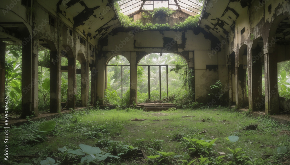 Beautiful abandoned building in the middle of a beautiful tropical fores - AI Generative