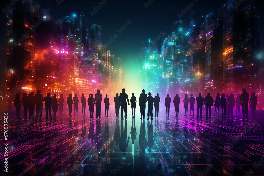 business group reaching to each other from opposite sides, colorful circuitry made of the binary stream of digits. AI generative business group reaching to each other from opposite sides, colorful circuitry made of the binary stream of digits. AI generative