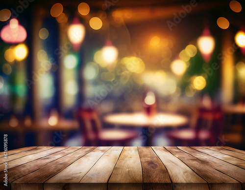 The empty wooden table top with blur background of restaurant at night. Exuberant image. Generative AI