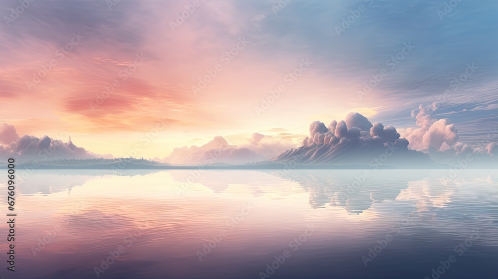  a large body of water with clouds in the sky and a small island in the distance in the middle of the water.  generative ai