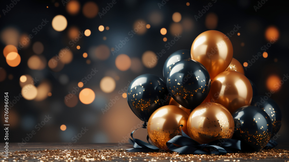Naklejka premium Celebration festive birthday wedding party banner illustration greeting card - Gold balloons on dark black blurred background with bokeh lights. AI generative