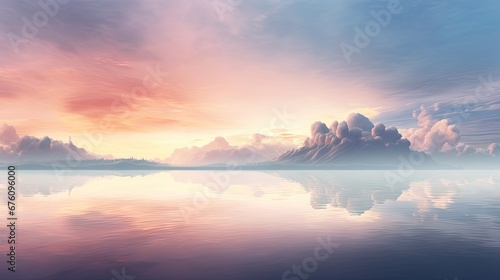  a large body of water with clouds in the sky and a small island in the distance in the middle of the water.  generative ai